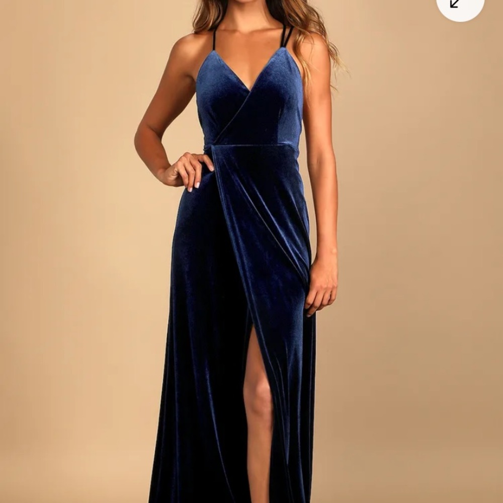 Lulus Whimsical Romance Dark Blue Velvet Faux-Wrap Maxi Dress